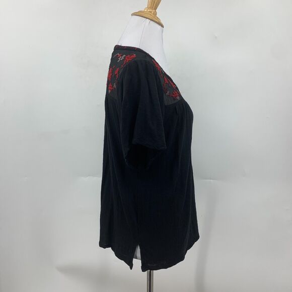 Lucky Brand Boho Blouse Womens S Small Black Embroidered Short Sleeve Semi Sheer - Picture 5 of 15